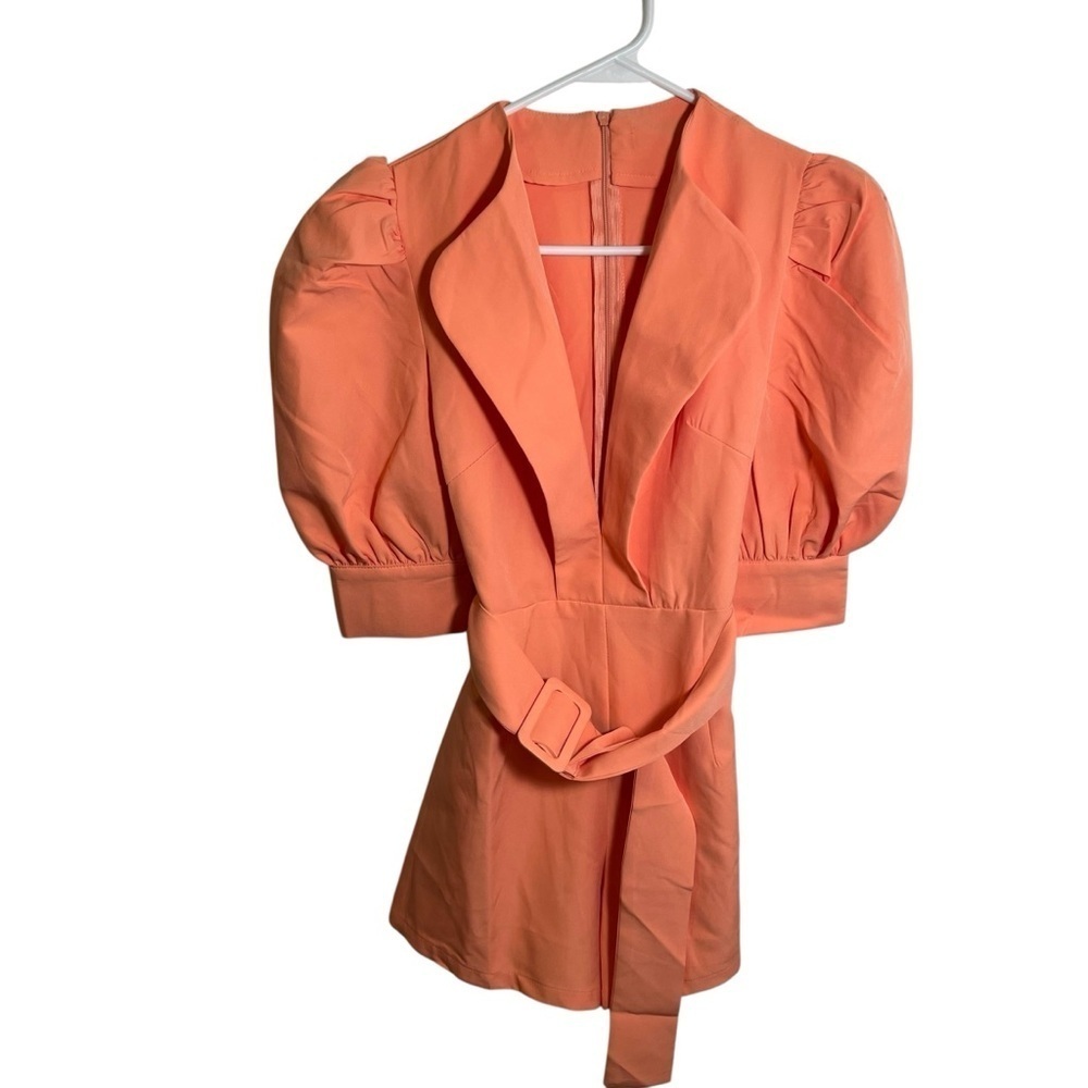 Women's Romper Playsuit Peach Short‎ Puff Sleeves Plunging Neckline Belted Zip